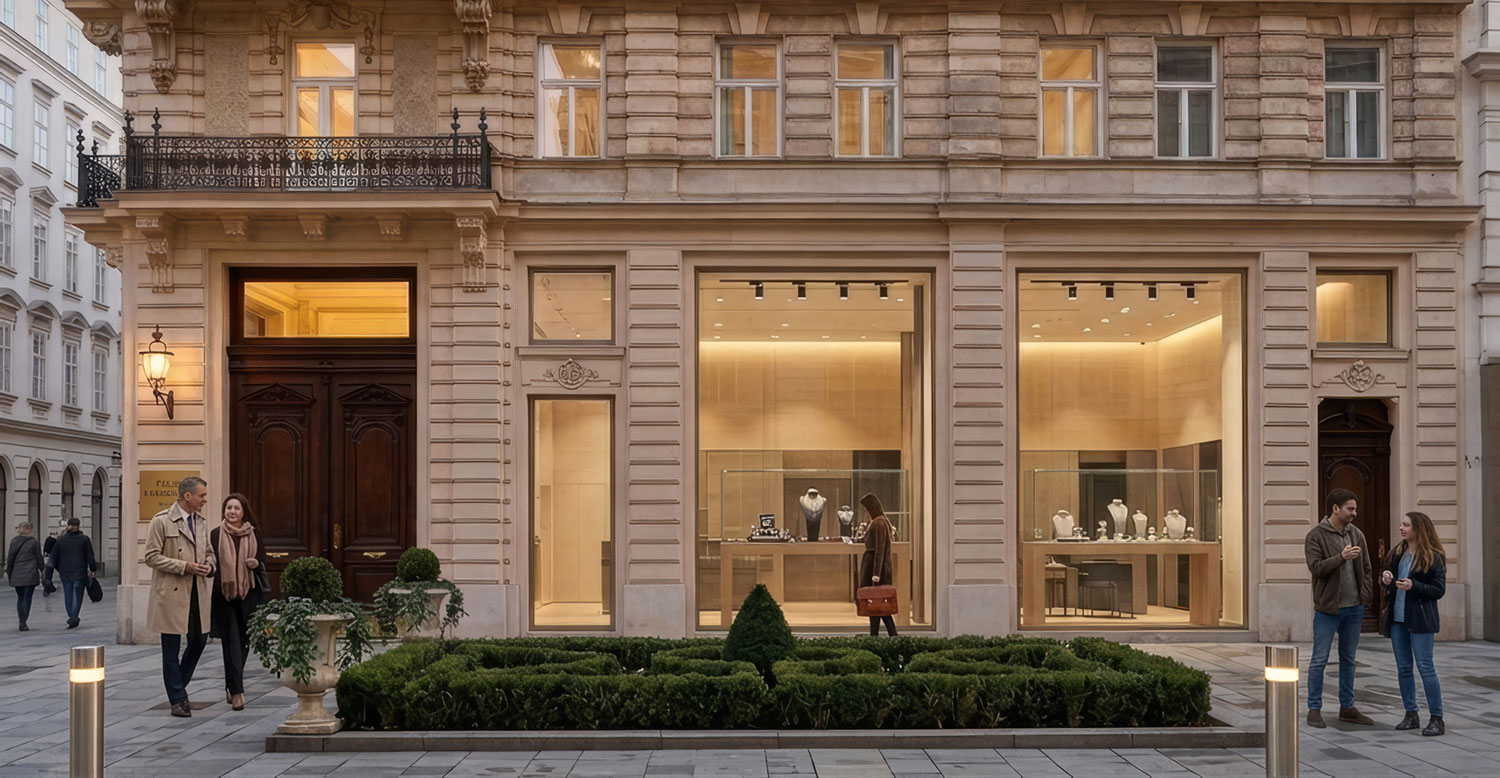 Warmly lit luxury jewellery boutique storefront in a classical European city square at dusk, with passers-by and illuminated window displays